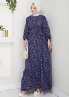 Çiçek Desen Kuşaklı Elbise Lacivert