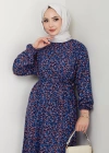 Çiçek Desen Kuşaklı Elbise Lacivert