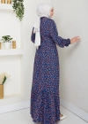 Çiçek Desen Kuşaklı Elbise Lacivert