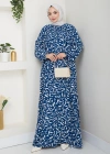 Önü Lastikli Büyük Beden Viskon Anne Elbisesi Mavi
