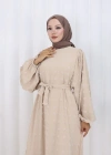 Ponpon Detaylı Kuşaklı Elbise Bej