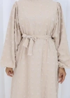 Ponpon Detaylı Kuşaklı Elbise Bej