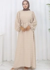 Ponpon Detaylı Kuşaklı Elbise Bej