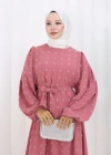 Ponpon Detaylı Kuşaklı Elbise Pembe