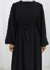 Ponpon Detaylı Kuşaklı Elbise Siyah