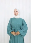 Ponpon Detaylı Kuşaklı Elbise Turkuaz