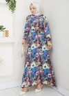 Renkli Çiçek Desenli Kuşaklı Elbise Mavi