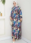 Renkli Çiçek Desenli Kuşaklı Elbise Mavi