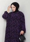 Şık ve Rahat Robalı Büyük Beden Viskon Anne Elbisesi Mor