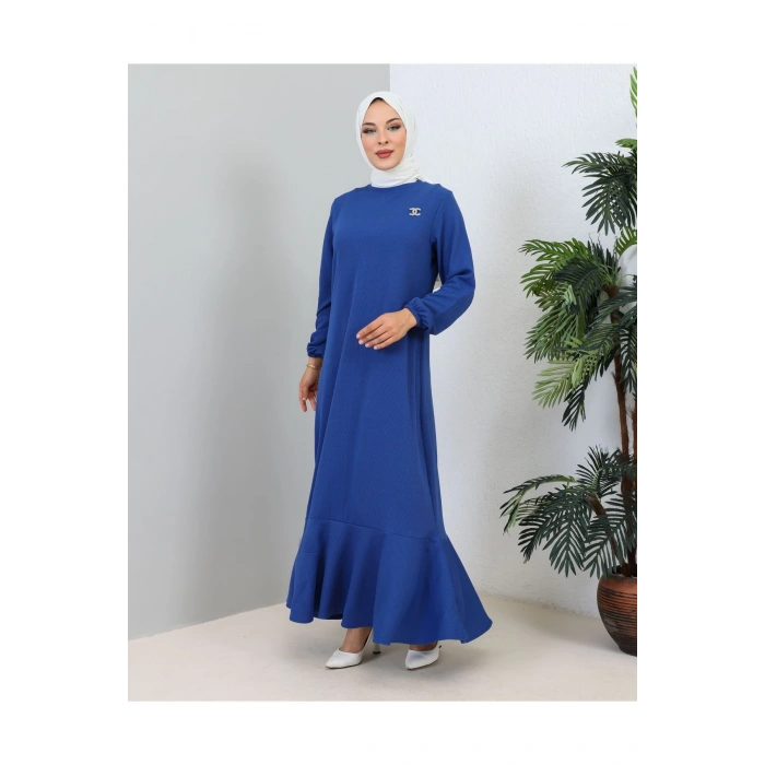 Broş detaylı burgu elbise indigo