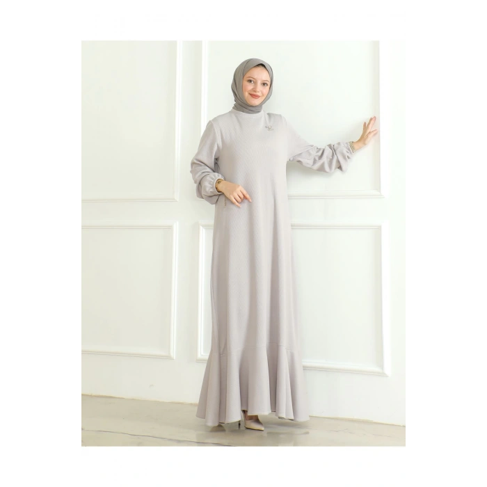 Broş detaylı burgu elbise indigo