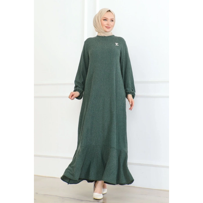 Broş Detaylı Karin Elbise yeşil