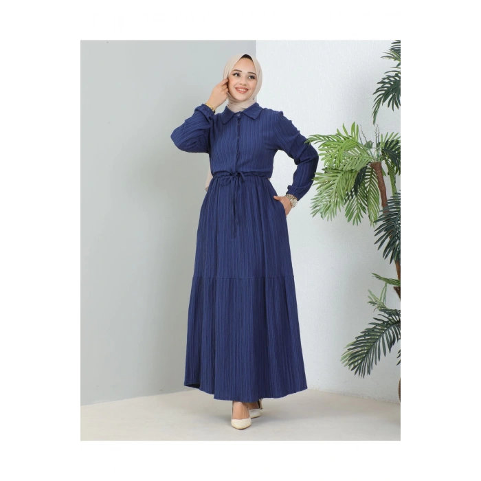 Lara Yarım Düğmeli Gömlek Yaka Elbise