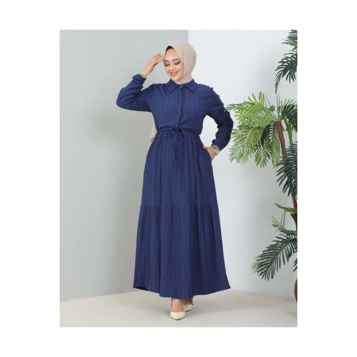 Lara Yarım Düğmeli Gömlek Yaka Elbise