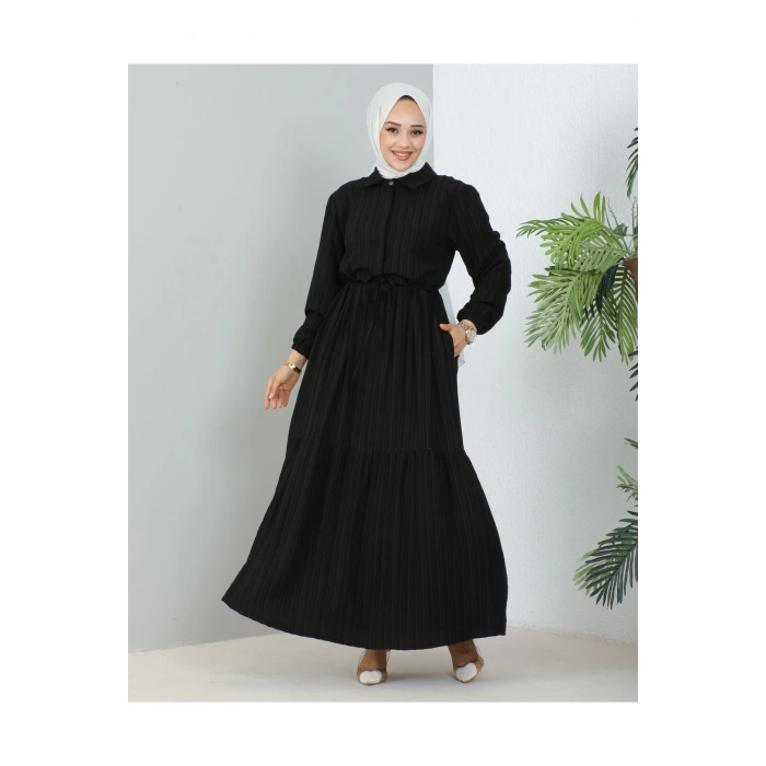 Lara Yarım Düğmeli Gömlek Yaka Elbise