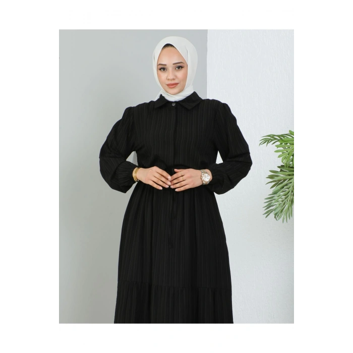 Lara Yarım Düğmeli Gömlek Yaka Elbise