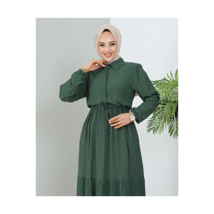 Lara Yarım Düğmeli Gömlek Yaka Elbise