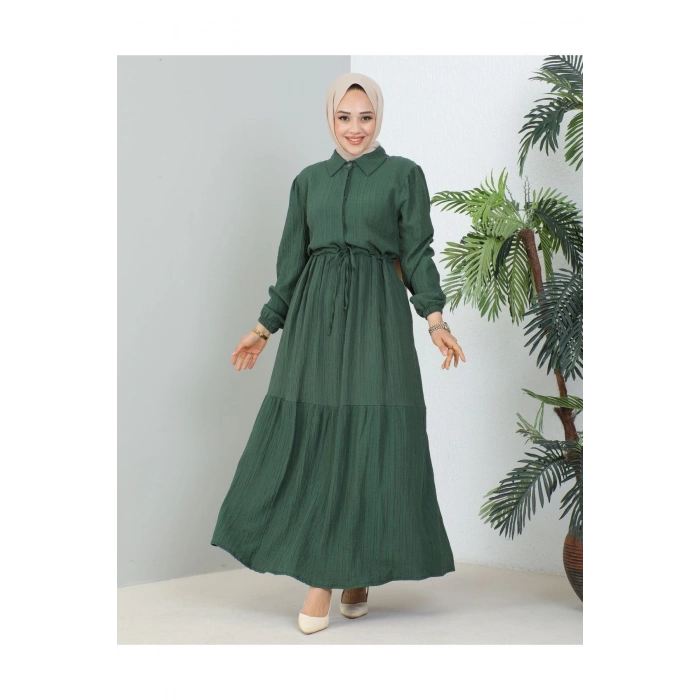 Lara Yarım Düğmeli Gömlek Yaka Elbise