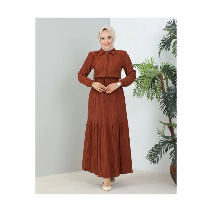 Lara Yarım Düğmeli Gömlek Yaka Elbise