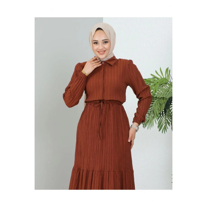 Lara Yarım Düğmeli Gömlek Yaka Elbise