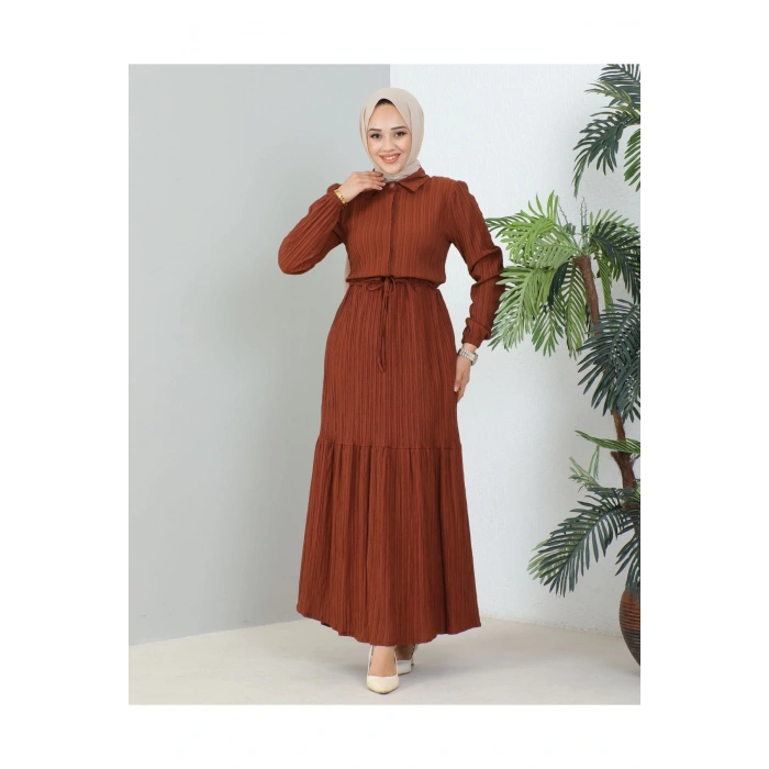 Lara Yarım Düğmeli Gömlek Yaka Elbise