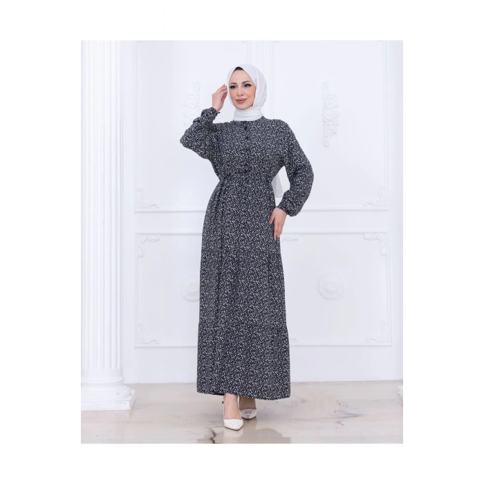 Çiçek Desen Düğmeli Elbise