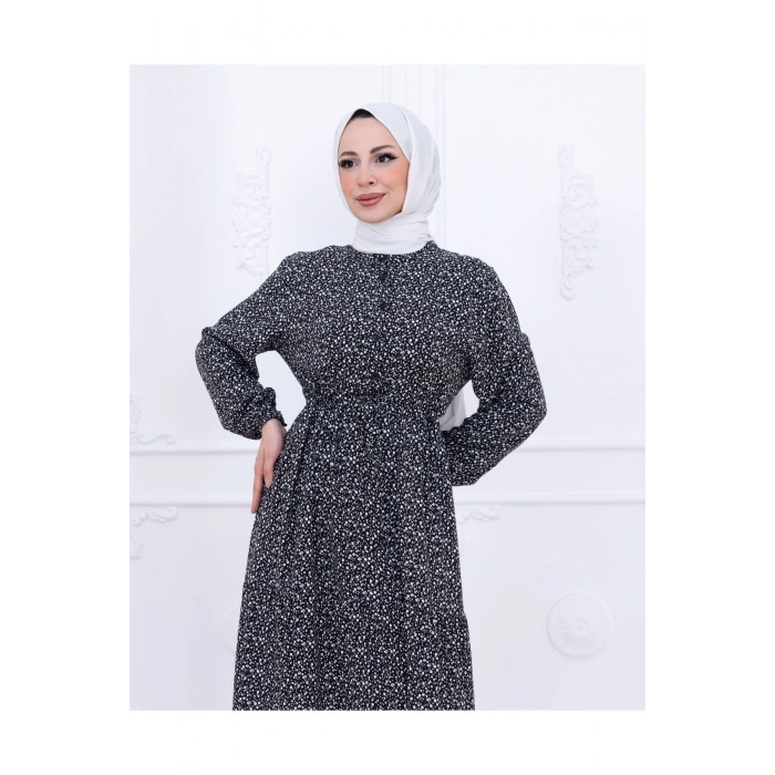 Çiçek Desen Düğmeli Elbise