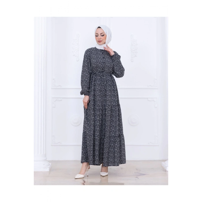 Çiçek Desen Düğmeli Elbise