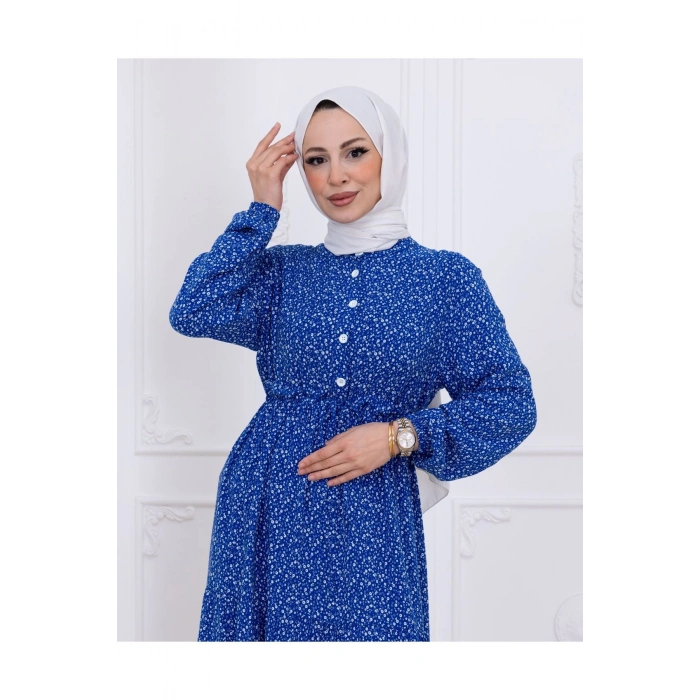 Çiçek Desen Düğmeli Elbise