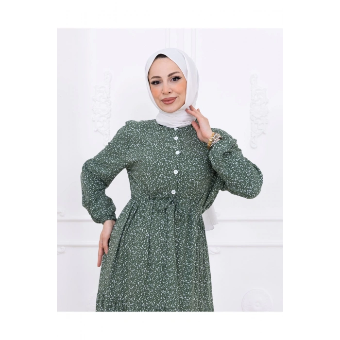 Çiçek Desen Düğmeli Elbise