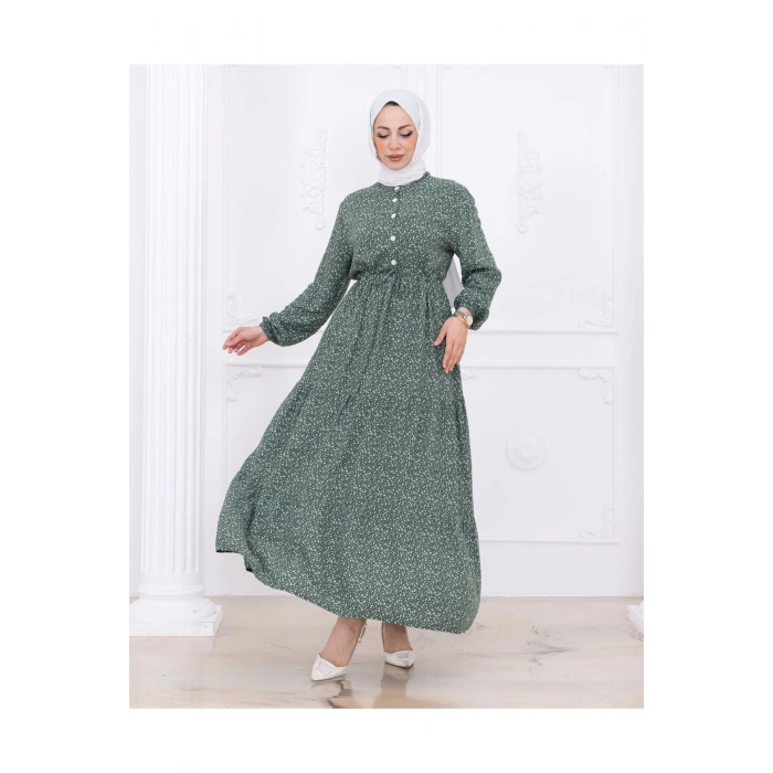 Çiçek Desen Düğmeli Elbise