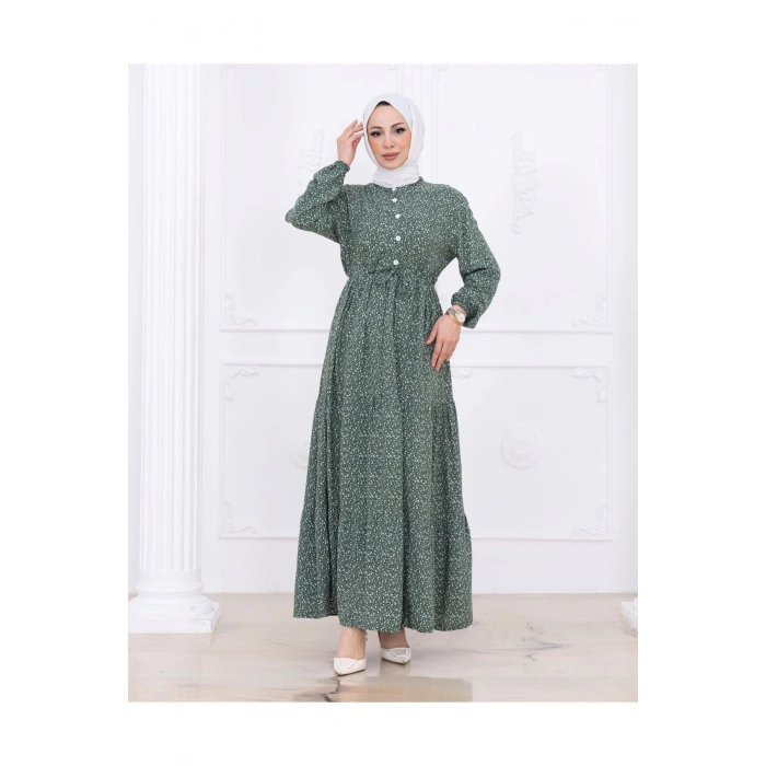 Çiçek Desen Düğmeli Elbise