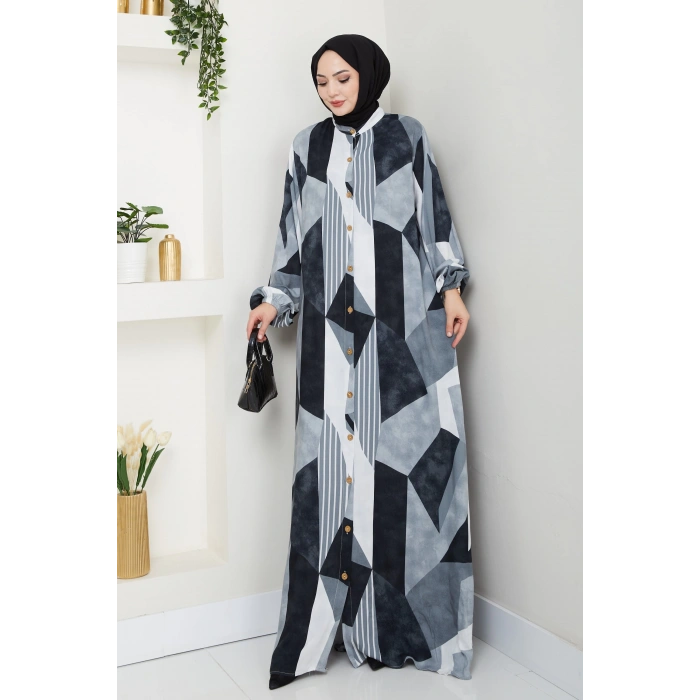 Viskon Boydan Düğmeli Elbise gri siyah