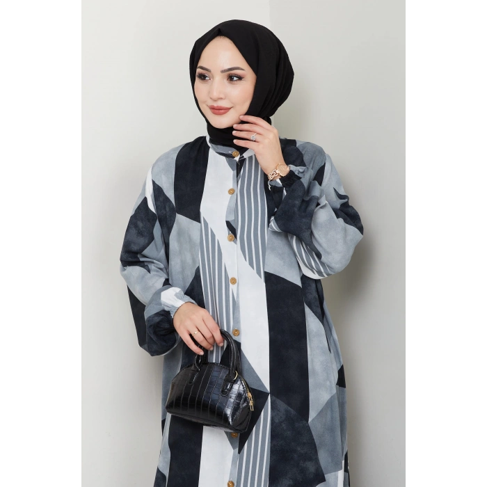 Viskon Boydan Düğmeli Elbise gri siyah