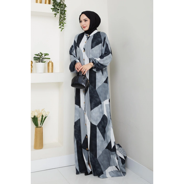 Viskon Boydan Düğmeli Elbise gri siyah