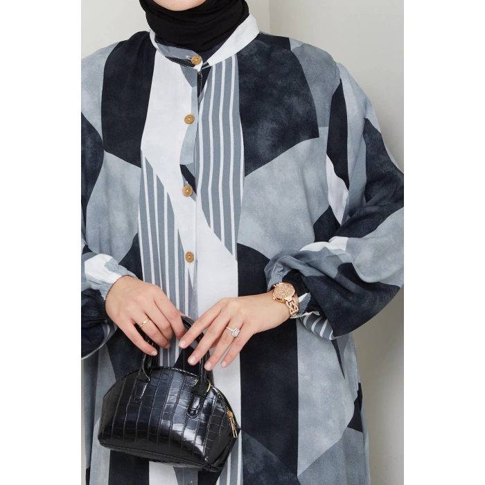 Viskon Boydan Düğmeli Elbise gri siyah