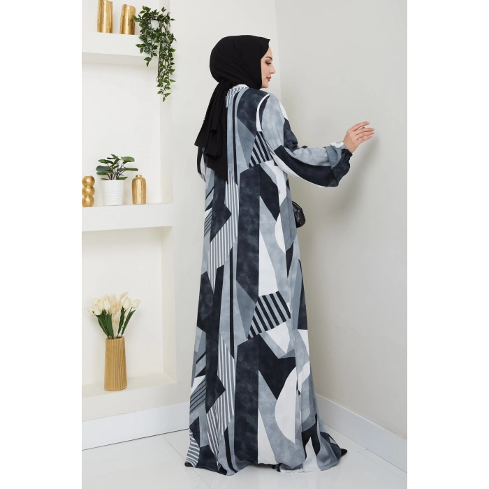 Viskon Boydan Düğmeli Elbise gri siyah