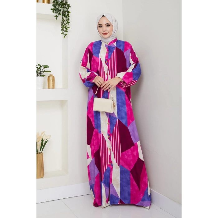 Viskon Boydan Düğmeli Elbise Pembe