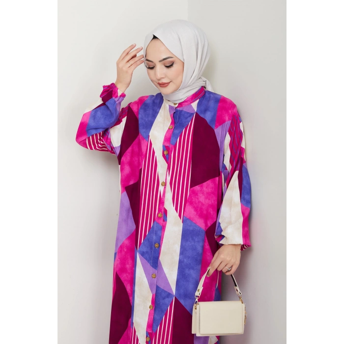 Viskon Boydan Düğmeli Elbise Pembe