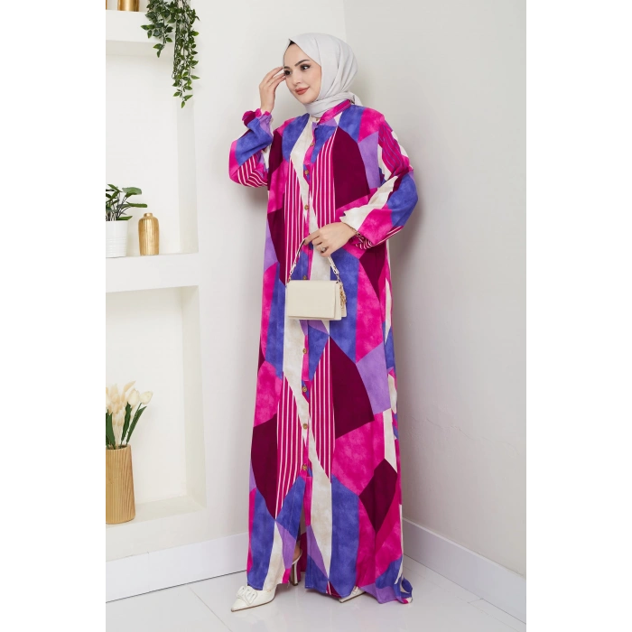 Viskon Boydan Düğmeli Elbise Pembe