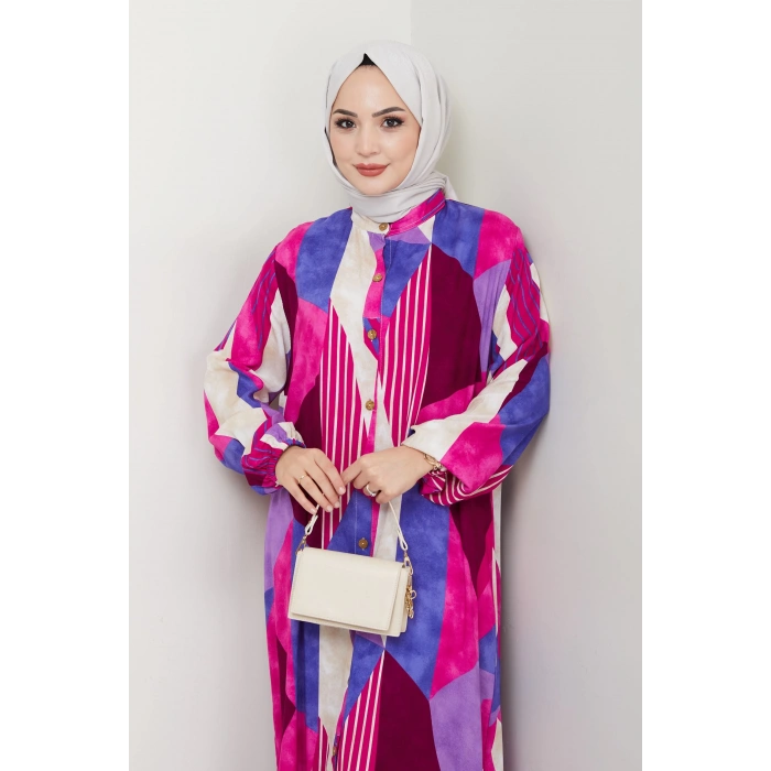 Viskon Boydan Düğmeli Elbise Pembe