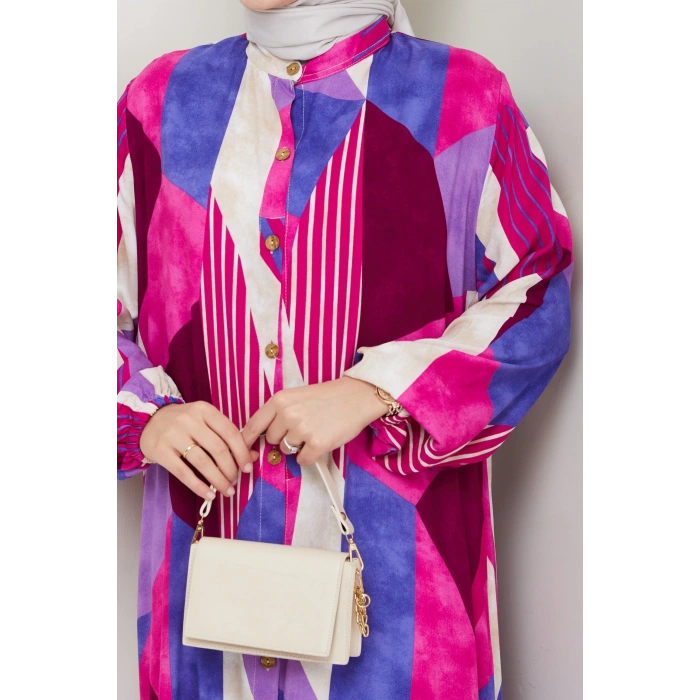 Viskon Boydan Düğmeli Elbise Pembe