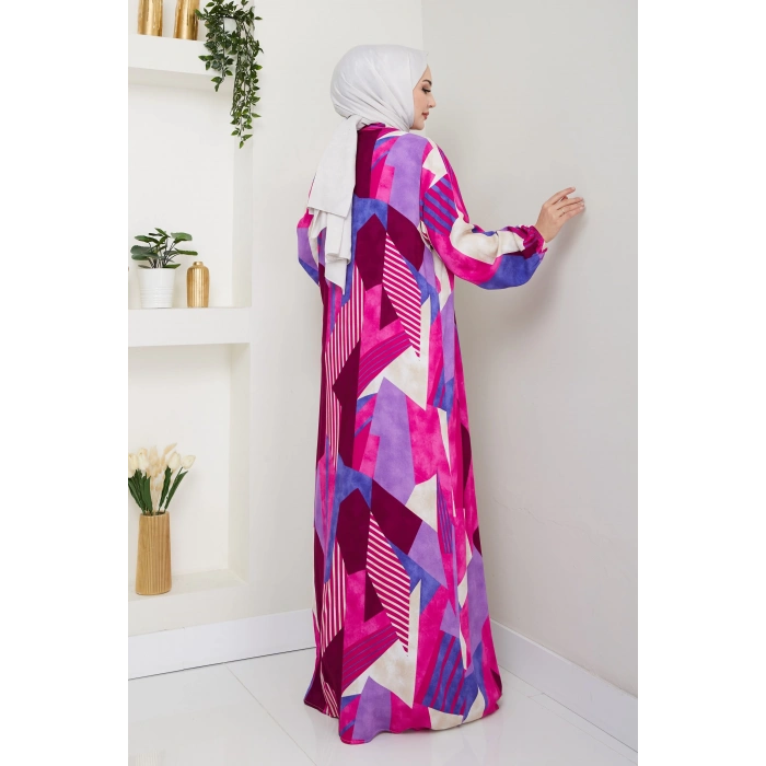 Viskon Boydan Düğmeli Elbise Pembe