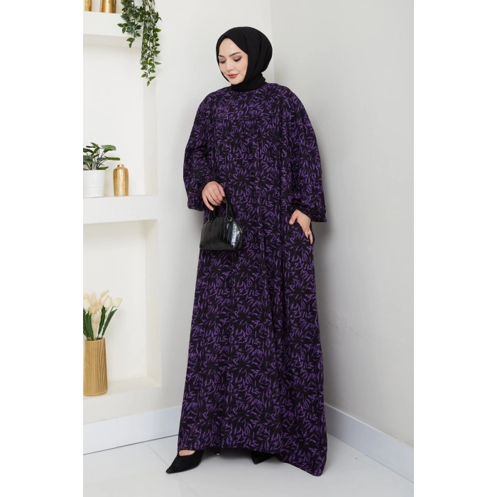 Şık ve Rahat Robalı Büyük Beden Viskon Anne Elbisesi Mor