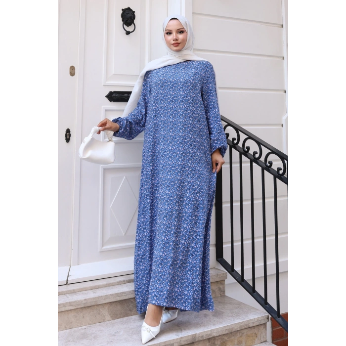 Çiçek Desen Viskon Elbise Mavi