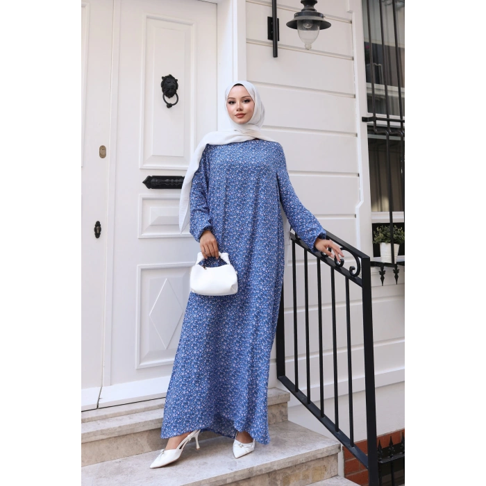 Çiçek Desen Viskon Elbise Mavi