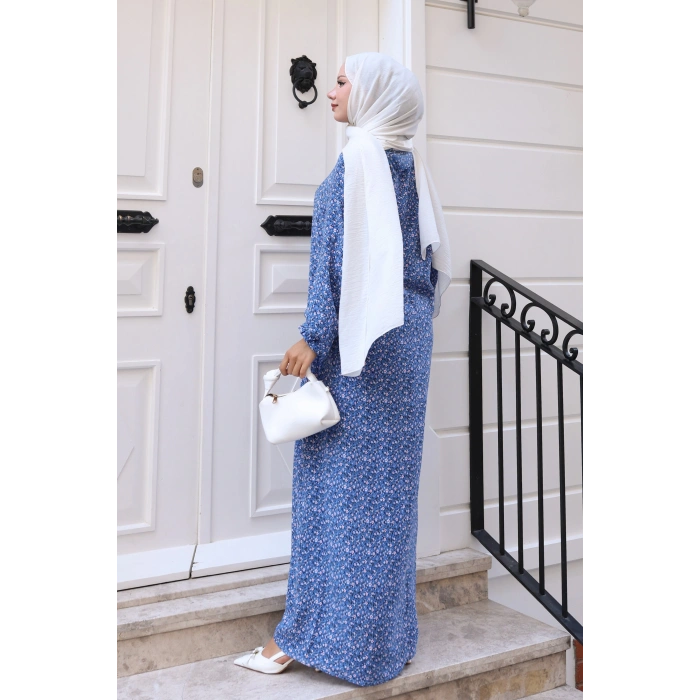 Çiçek Desen Viskon Elbise Mavi