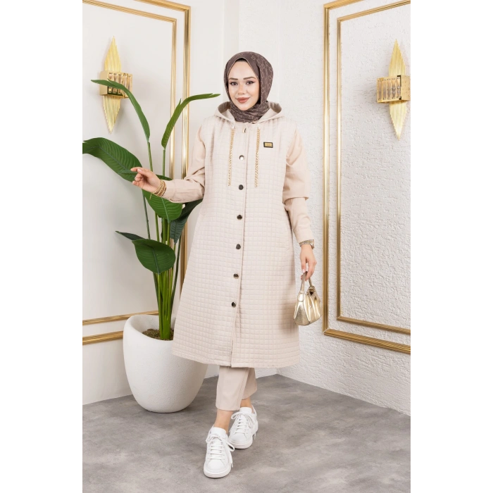 Arma Detaylı Kapüşonlu Kapitone Bej Yelek