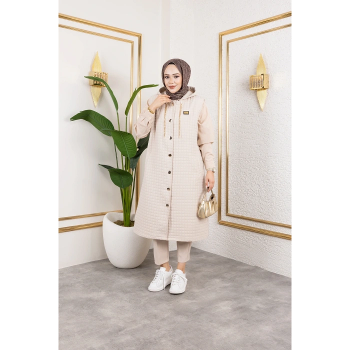 Arma Detaylı Kapüşonlu Kapitone Bej Yelek