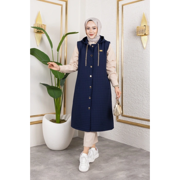 Arma Detaylı Kapüşonlu Kapitone lacivert Yelek